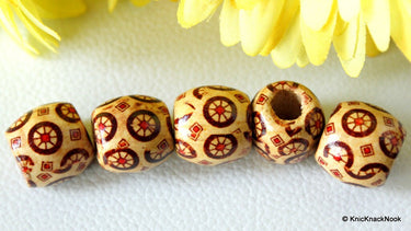 10 x Wood Drum Beads/ Spacers Painted Brown Wheel Design 17mm x 16mm